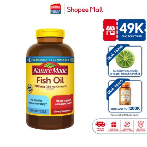 Dầu Cá Nature Made Fish Oil 1200mg 360mg Omega 3 Kirkland 300 viên cải thiện tiểu đường,giảm nguy cơ bệnh tim mạch