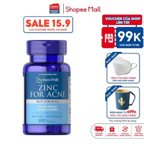 Viên uống bổ sung kẽm, giảm mụn nội tiết Puritan's Pride Zinc For Acne 100 viên Mỹ