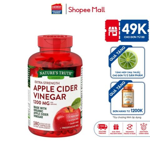 Viên giấm táo hữu cơ Apple Cider Vinegar 1200mg 180 viên của Mỹ giảm tích tụ mỡ thừa, giảm mỡ máu, bảo vệ tim mạch