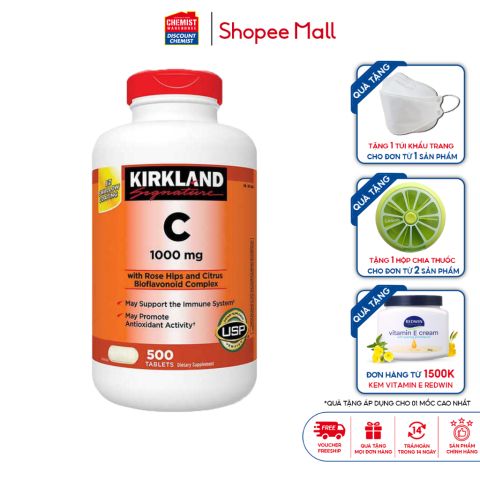 Vitamin C Kirkland Signature 1000mg 500 Viên tăng cường hệ miễn dịch, chống oxy hóa, trắng da, mờ thâm