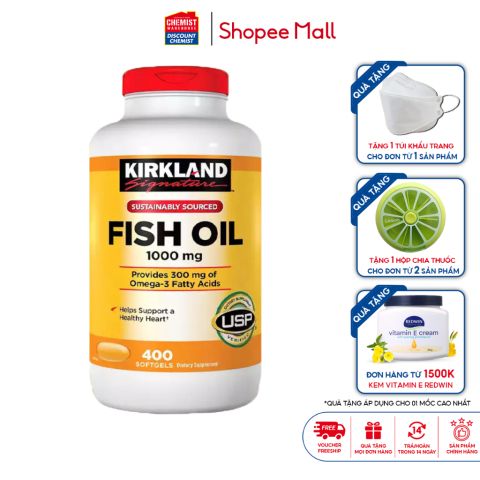 Dầu cá Kirkland Signature 1000mg 400 viên giúp bảo vệ mắt, tăng cường thị lực và hỗ trợ tim mạch