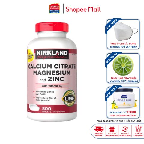 Canxi Magie Zinc cho người lớn Kirkland Signature Calcium Citrate Magnesium And Zinc 500mg 500 viên