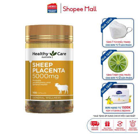 Viên uống nhau thai cừu Healthy Care Sheep Placenta 5000mg chống lão hóa, giúp da căng mịn 100 viên của Úc