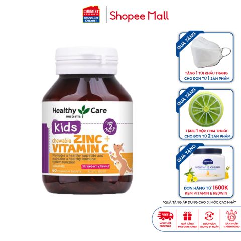 Viên nhai vị dâu bổ sung kẽm và vitamin C Healthy Care Kids Chewable 60 viên