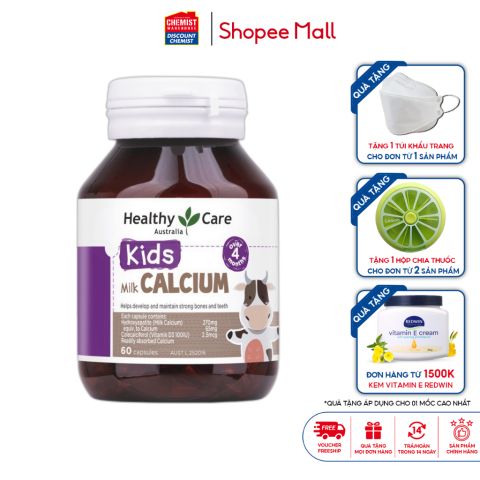 Viên canxi sữa cho bé Healthy Care Milk Calcium 60 viên của Úc bổ sung canxi giúp xương chắc khỏe