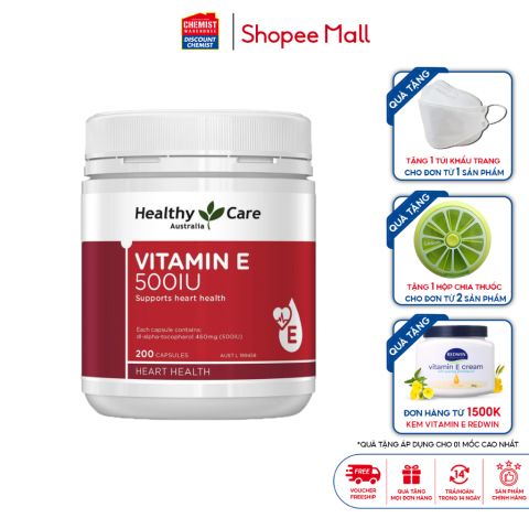 Viên uống bổ sung vitamin E Healthy Care 500IU 200 viên giúp đẹp da, dưỡng tóc