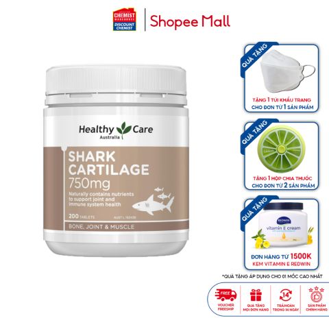 Viên uống sụn vi cá hỗ trợ xương khớp Shark Cartilage Healthy Care 750mg 200 viên của Úc