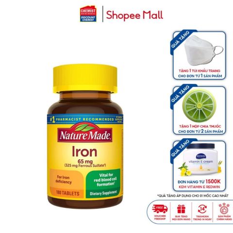 Viên uống Iron 65mg Nature Made 365 viên của Mỹ bổ sung sắt, bổ máu, tăng cường hệ miễn dịch