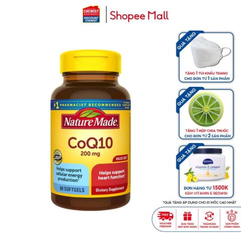 Bổ tim mạch Nature Made CoQ10 200mg 140 Viên của Mỹ điều hòa huyết áp, phòng chống xơ vữa động mạch và nhồi máu cơ tim