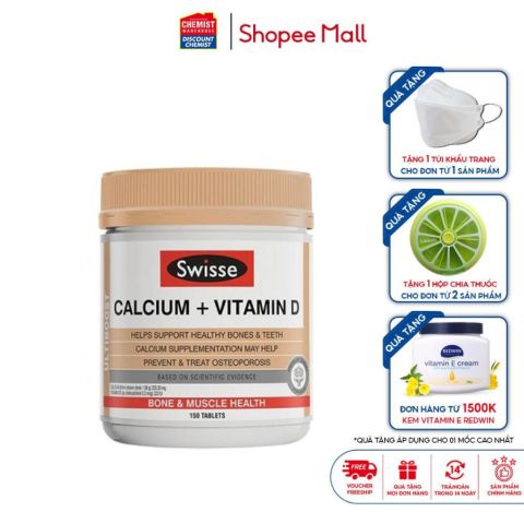 Bổ sung canxi hữu cơ và vitamin D Swisse Ultiboost Calcium & Vitamin D 150 Viên giảm loãng xương ở người lớn tuổi