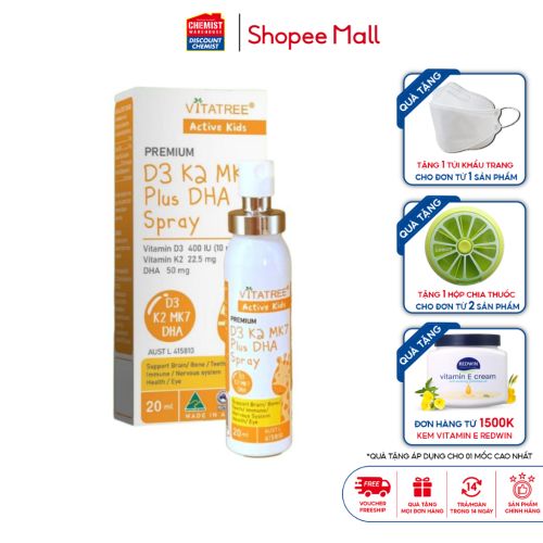 Bổ Sung D3k2 Cho Bé Premium D3 K2 Mk7 Plus Dha Spray Vitatree 20ml Dạng Xịt Giúp Bé Phát Triển